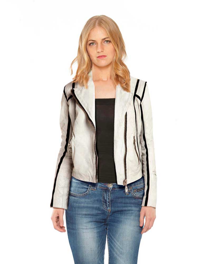 White Moto Jacket with Black Stripes Detailing