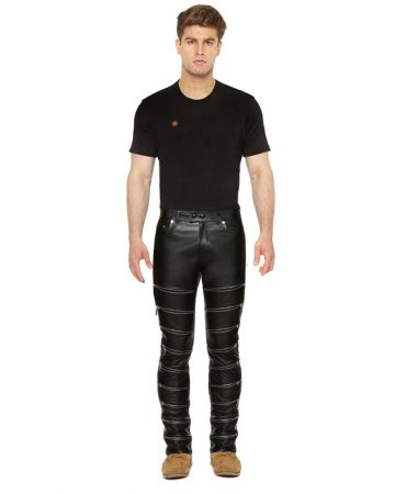 Mens Black Skinny Leather Pants with Zippered Front