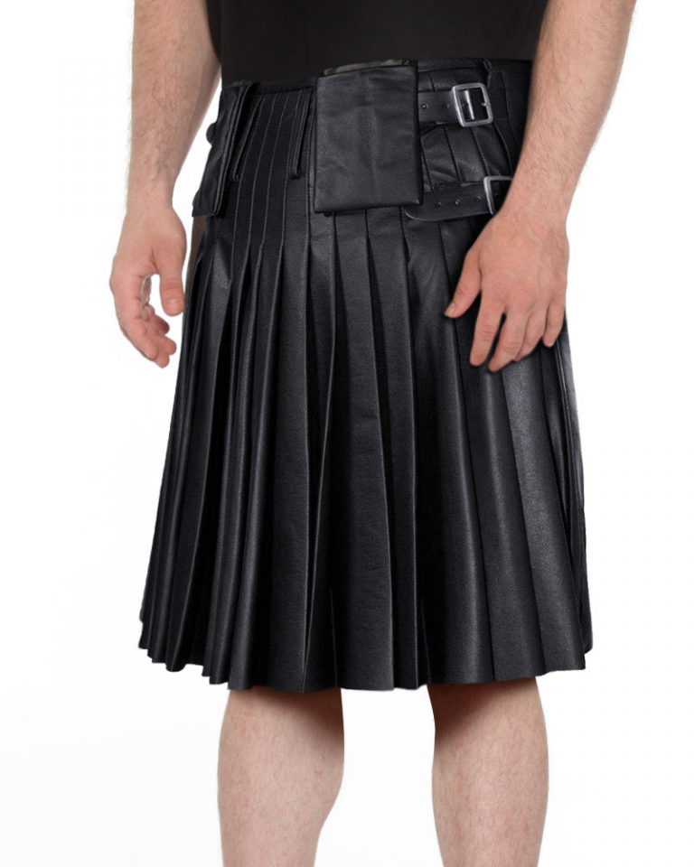 Mens Casual Black Leather Kilts with Side Adjustable Buckle Tabs