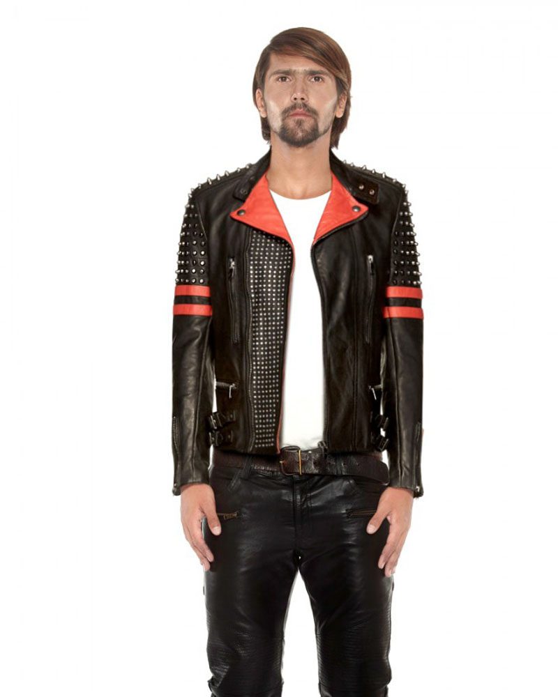 Mens Studded Black Red Leather Biker jacket