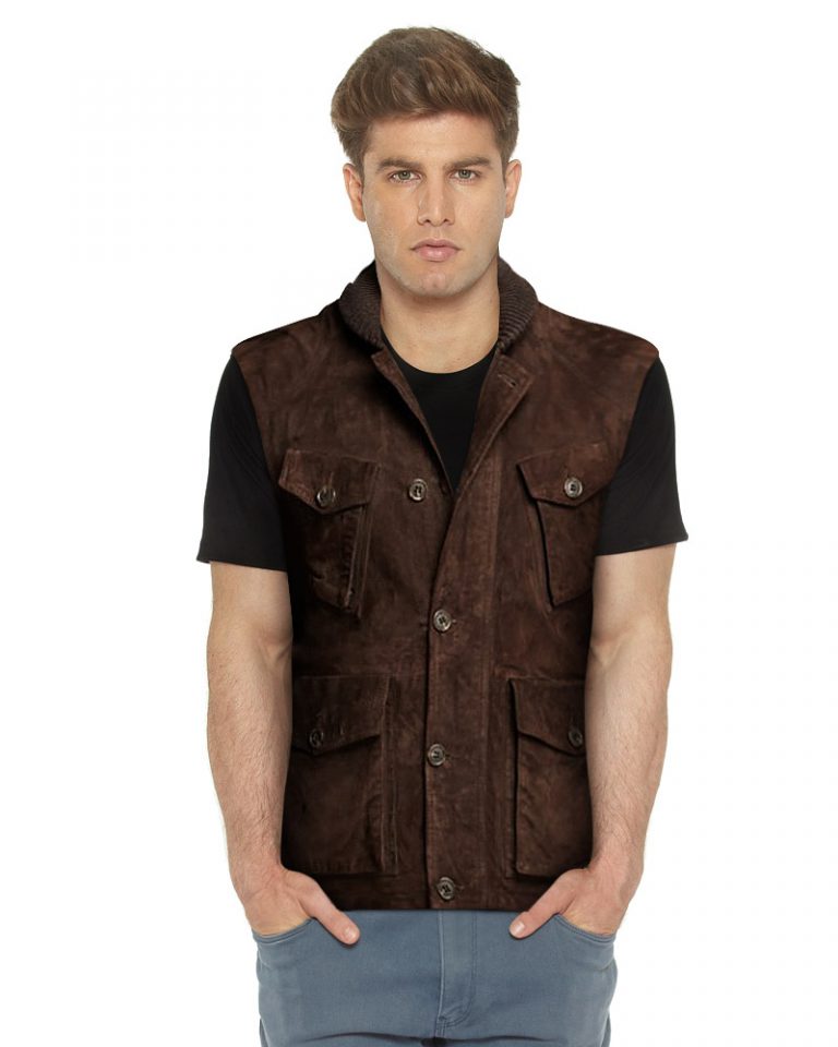 Mens Brown Motorcycle Vest with Ribbed Collar