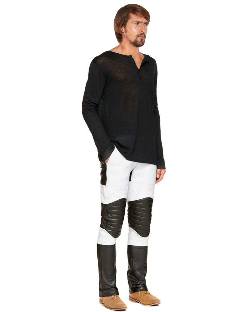 Mens Stylish Color Block leather Pants with Quilted Knee Panels