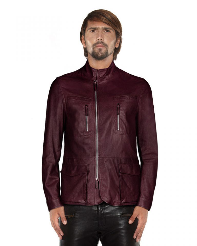 Mens Casual Leather Jacket with Shoulder Patches