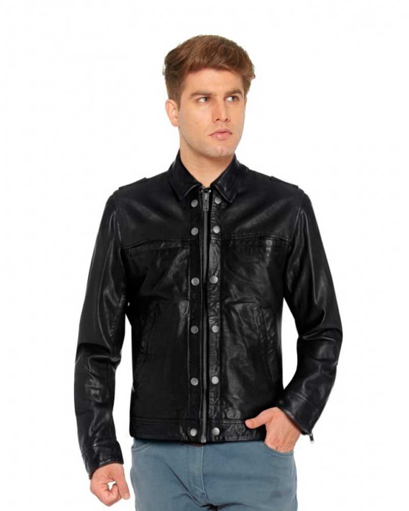 Mens Trucker Leather Jacket Black Classic Lambskin Shirt Style