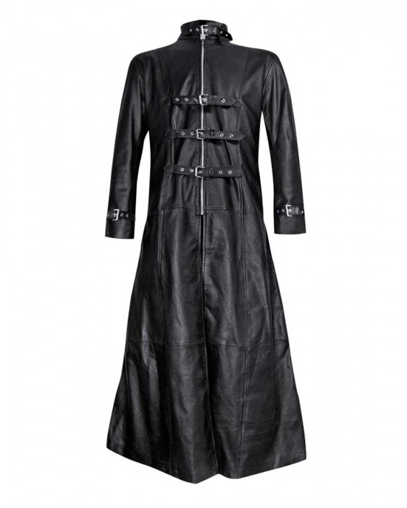 Black Leather Gothic Trench Coat With Buckle Fastenings