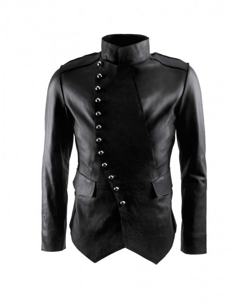 Mens Black Military Leather Jacket with Asymmetrical Button Placket