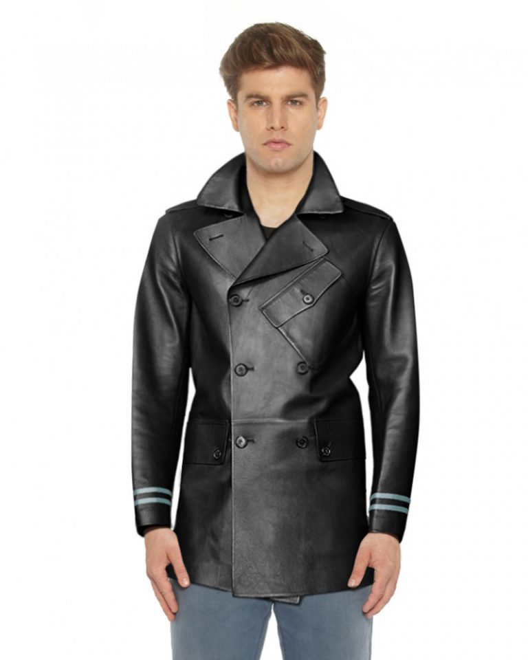 Men Double Breasted Lamb Leather Coat with Stripe Detail