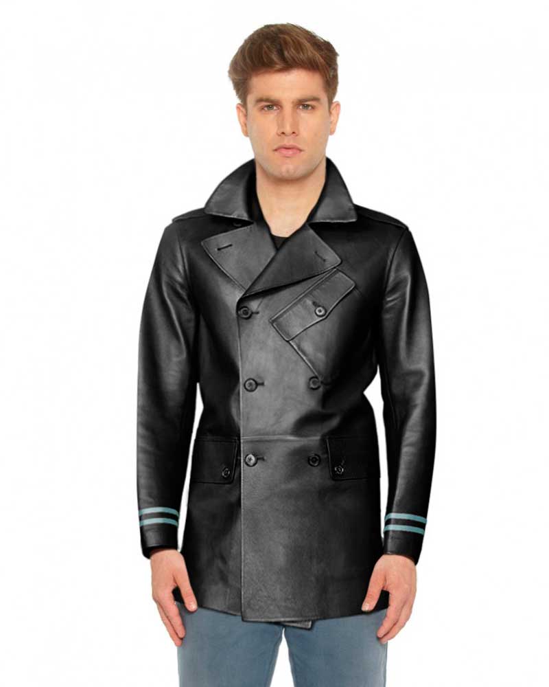 Men Double Breasted Lamb Leather Coat with Stripe Detail