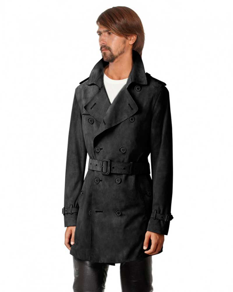 Men's Double Breasted Military Black Suede Coat