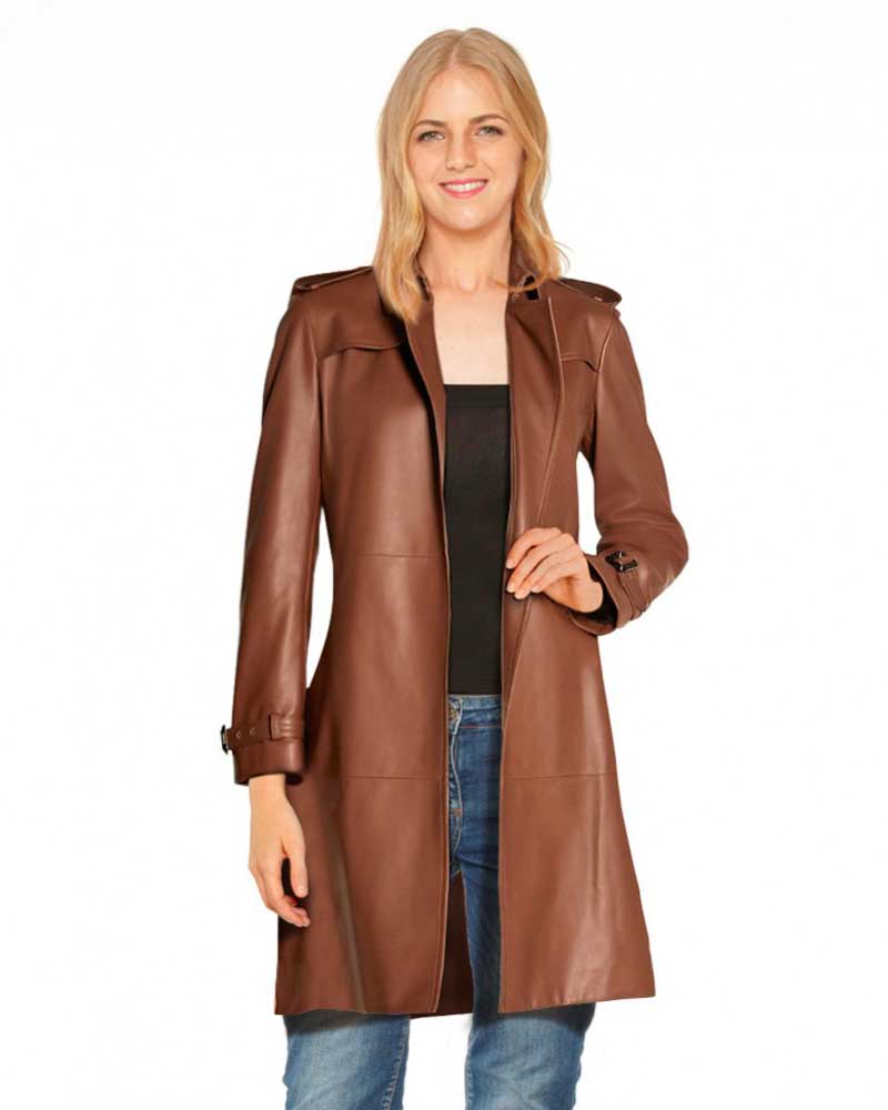 Womens Brown Leather Trench Coat