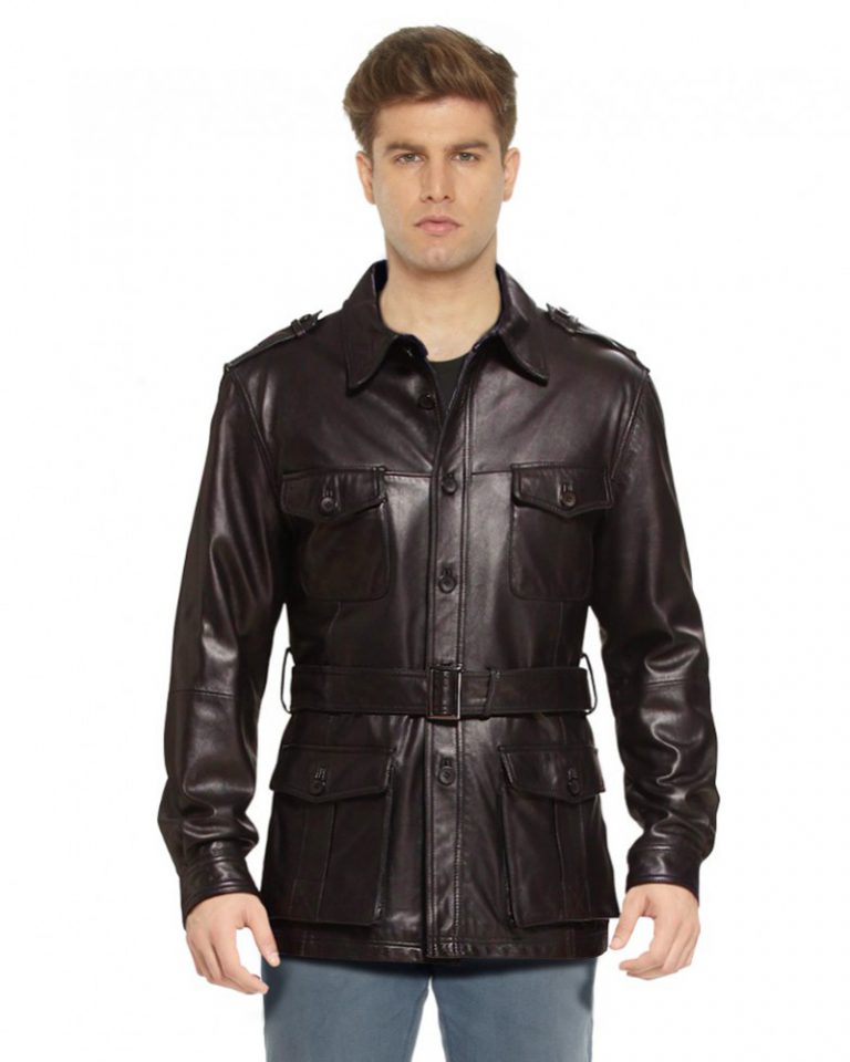 Military Style Leather Trench Coat with Waist Belt for Men