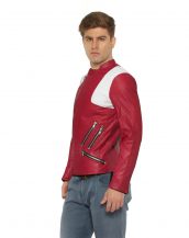 Mens Red Leather Biker Jacket with White Panels