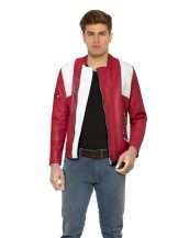 Mens Red Leather Biker Jacket with White Panels