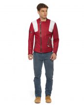 Mens Red Leather Biker Jacket with White Panels