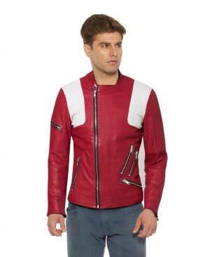 Mens Red Leather Biker Jacket with White Panels
