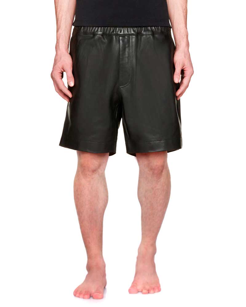 Mens Black Leather Shorts with Elasticated Waistline