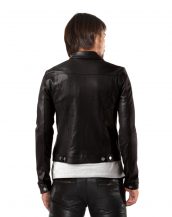 Mens Black Denim Style Leather Jacket with Button Up Placket