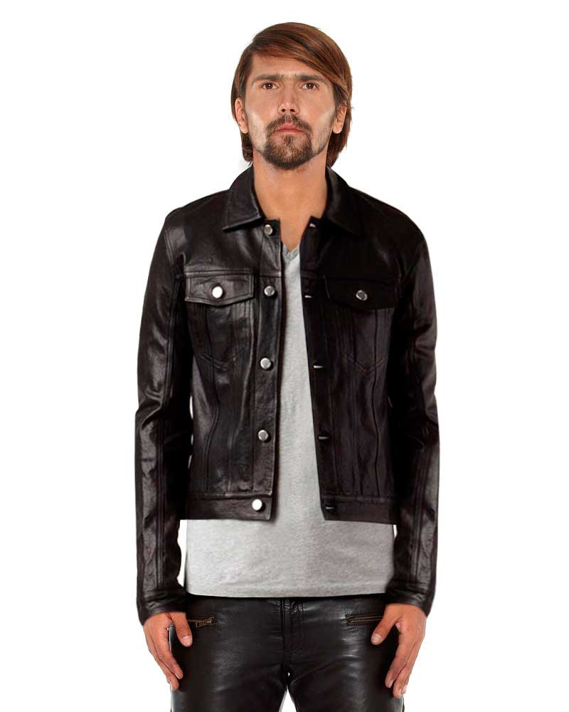 Mens Black Denim Style Leather Jacket with Button Up Placket