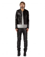 Mens Black Denim Style Leather Jacket with Button Up Placket