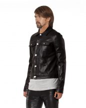 Mens Black Denim Style Leather Jacket with Button Up Placket