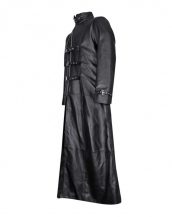 Black Leather Gothic Trench Coat with Buckle Fastenings
