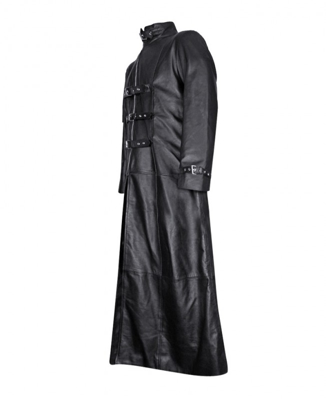 Black Leather Gothic Trench Coat for Mens at LeatherRight