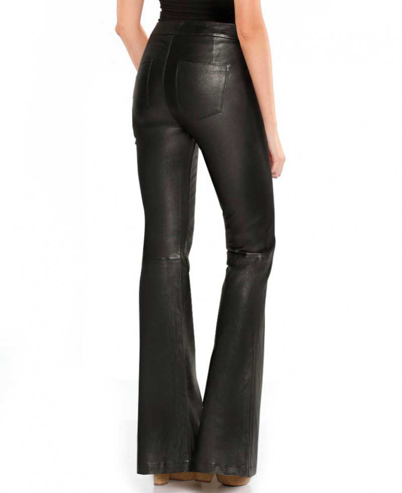 Womens Black High Waist Flared Leather Pant