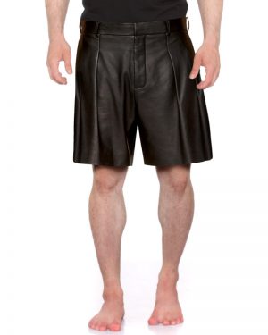 Mens Black Leather Shorts with Pleat front