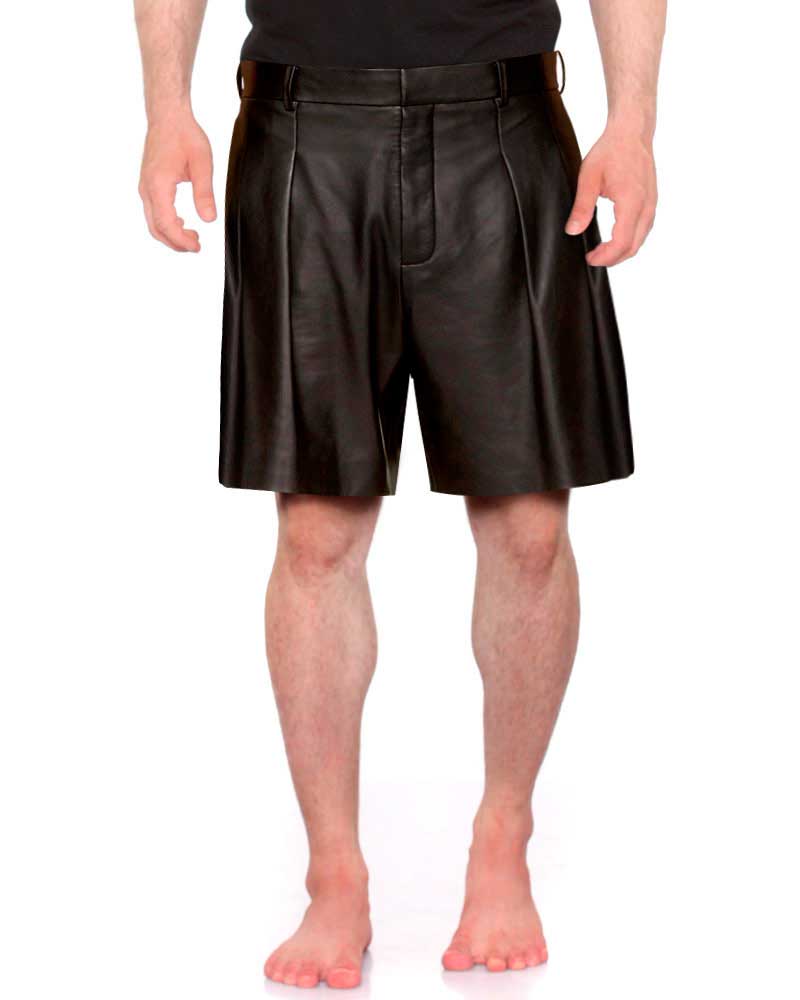 Mens Black Leather Shorts with Pleat front 1