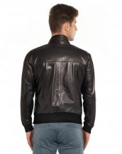 Black Leather Bomber Jacket with Zippered Collar