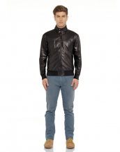 Black Leather Bomber Jacket with Zippered Collar