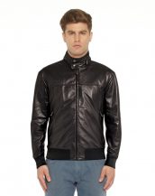 Black Leather Bomber Jacket with Zippered Collar