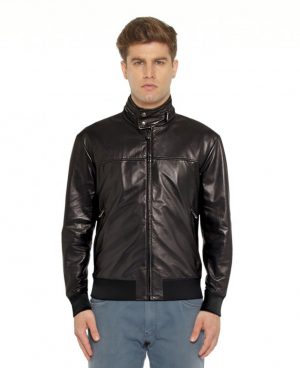 Black Leather Bomber Jacket with Zippered Collar