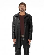 Black Leather Coat for Men with Funnel Neck