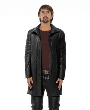 Black Leather Coat for Men with Funnel Neck