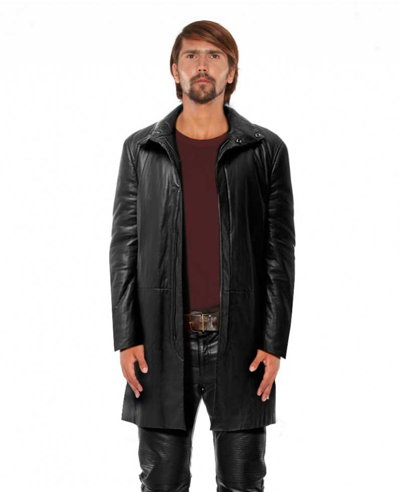 Black Leather Coat for Men with Funnel Neck 1