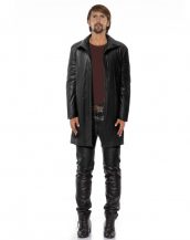 Black Leather Coat for Men with Funnel Neck