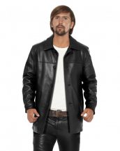 Classy Black Leather Coat for Men with Polo Collar