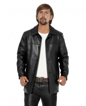 Classy Black Leather Coat for Men with Polo Collar