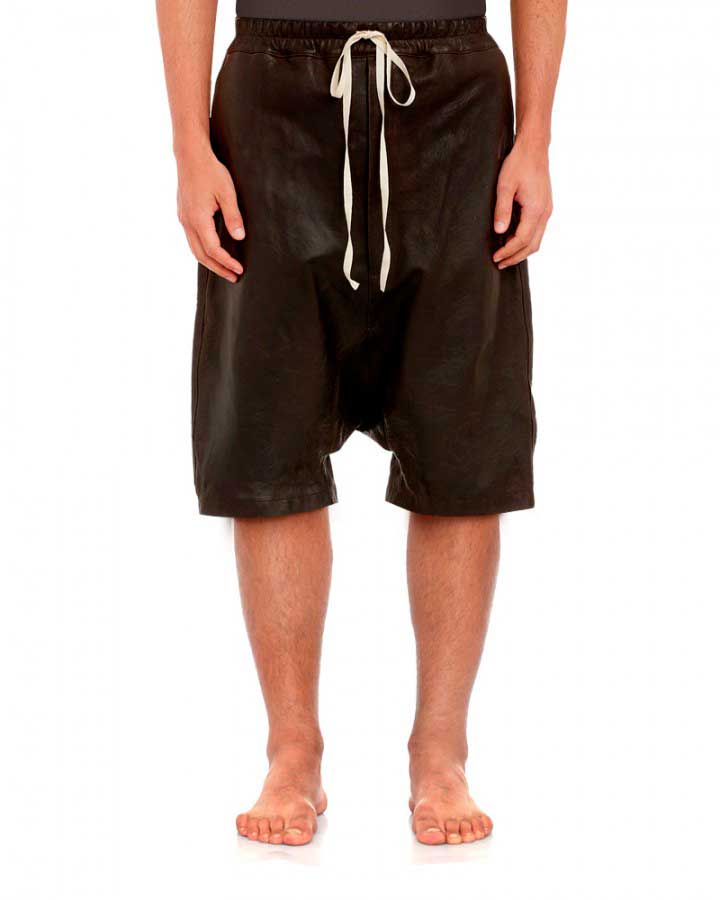 Mens Black Leather Shorts with Adjustable Drawstring