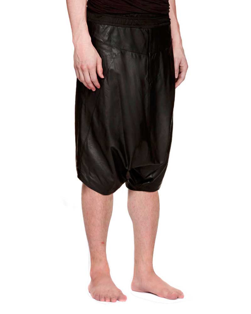 Mens Black Leather Shorts with Drop Crotch 1