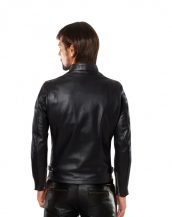 Mens Black Lambskin Leather Jacket with Buttoned Throat Tab