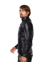 Mens Black Lambskin Leather Jacket with Buttoned Throat Tab