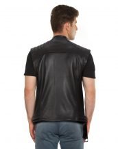 Mens Black Leather Moto Vest with quilted panels