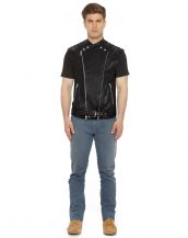 Mens Black Leather Moto Vest with quilted panels