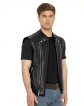 Mens Black Leather Moto Vest with quilted panels