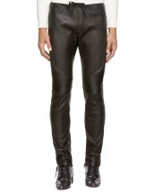 Mens Elegant Black Leather Pants with Ribbed paneling