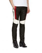 Mens Stylish Black Leather Pants with Colorblock Ribbed Panels