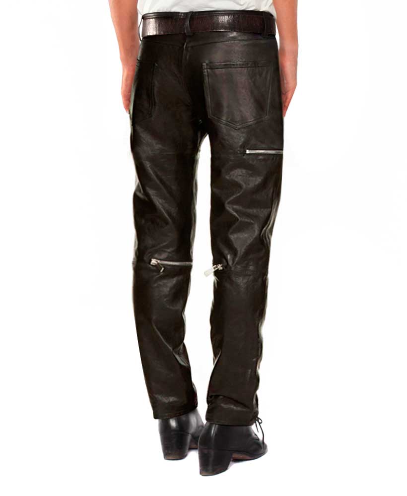 Mens Black leather Pants with Zipper Embellishments