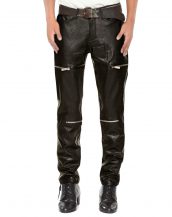 Mens Black leather Pants with Zipper Embellishments